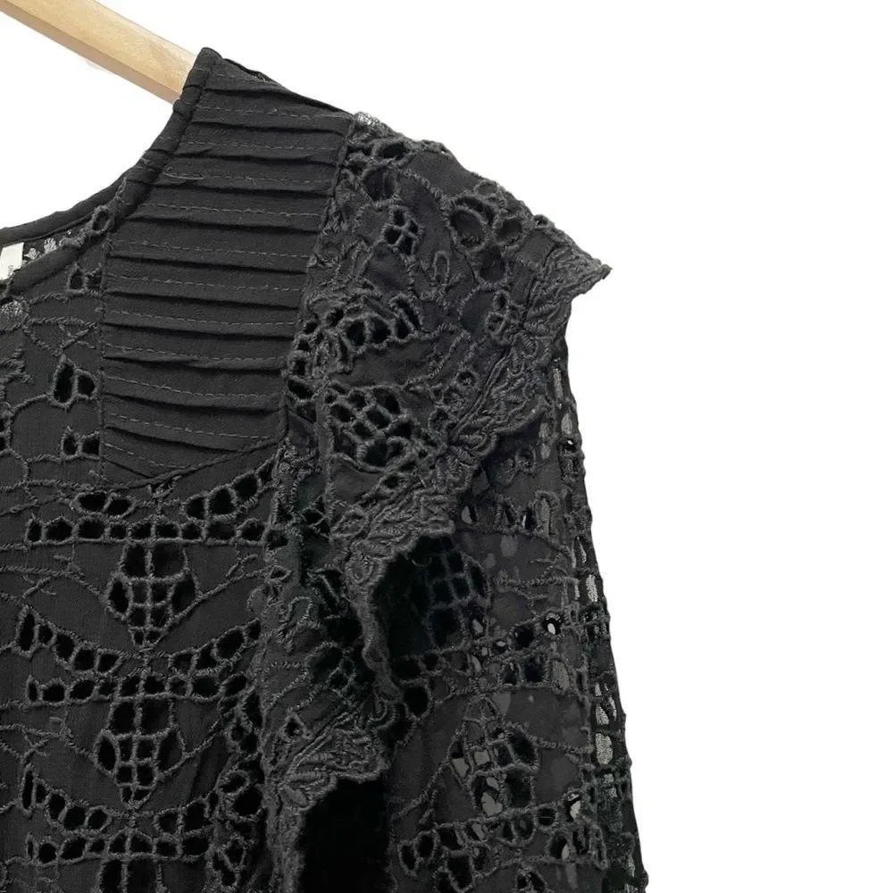 Anthropologie Clementine Eyelet Lace Blouse Black Ruffle Puff Sleeve Size 6